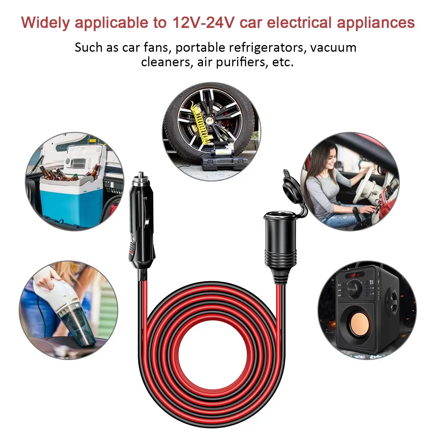 כבל מתח 12V עם תקע מצית לרכב ותפסי מצבר
