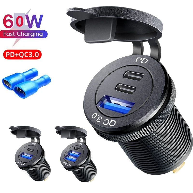 שקע טעינה USB לרכב 60W עם USB-C ו-QC 3.0