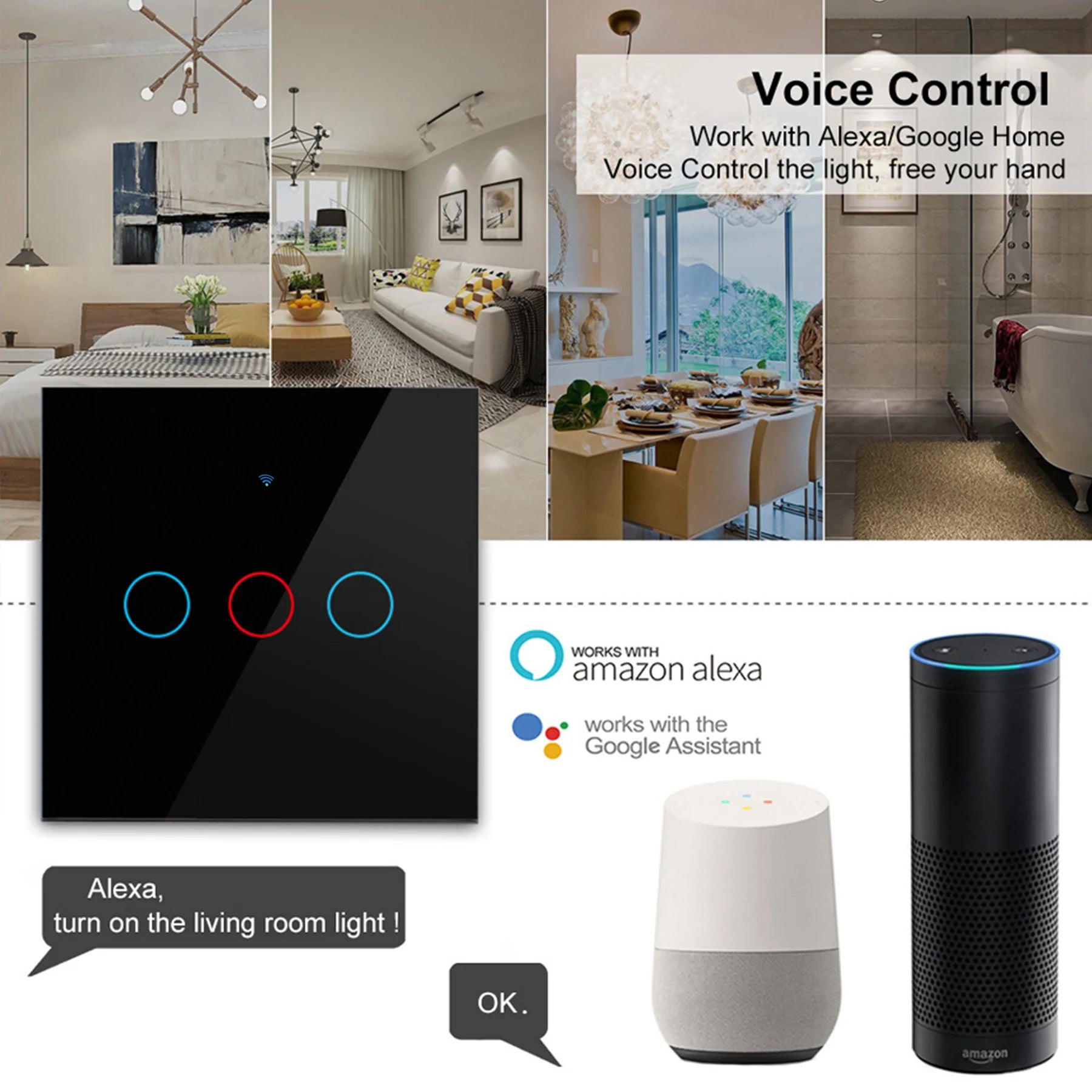 מתג תאורה חכם Wi-Fi עם מסך מגע – תואם Alexa ו-Google Home