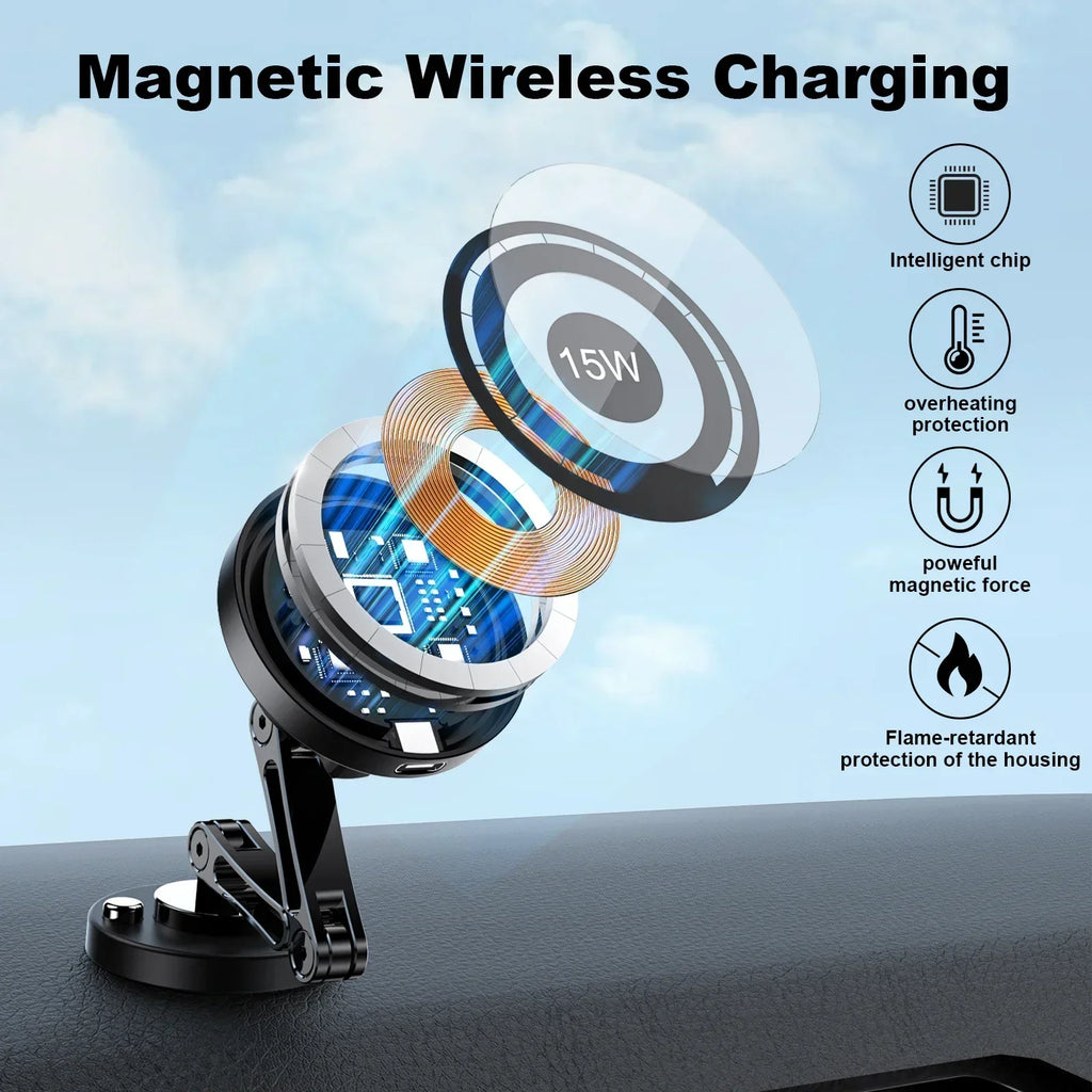 מעמד מגנטי לרכב עם טעינה אלחוטית 15W – סיבוב 360°