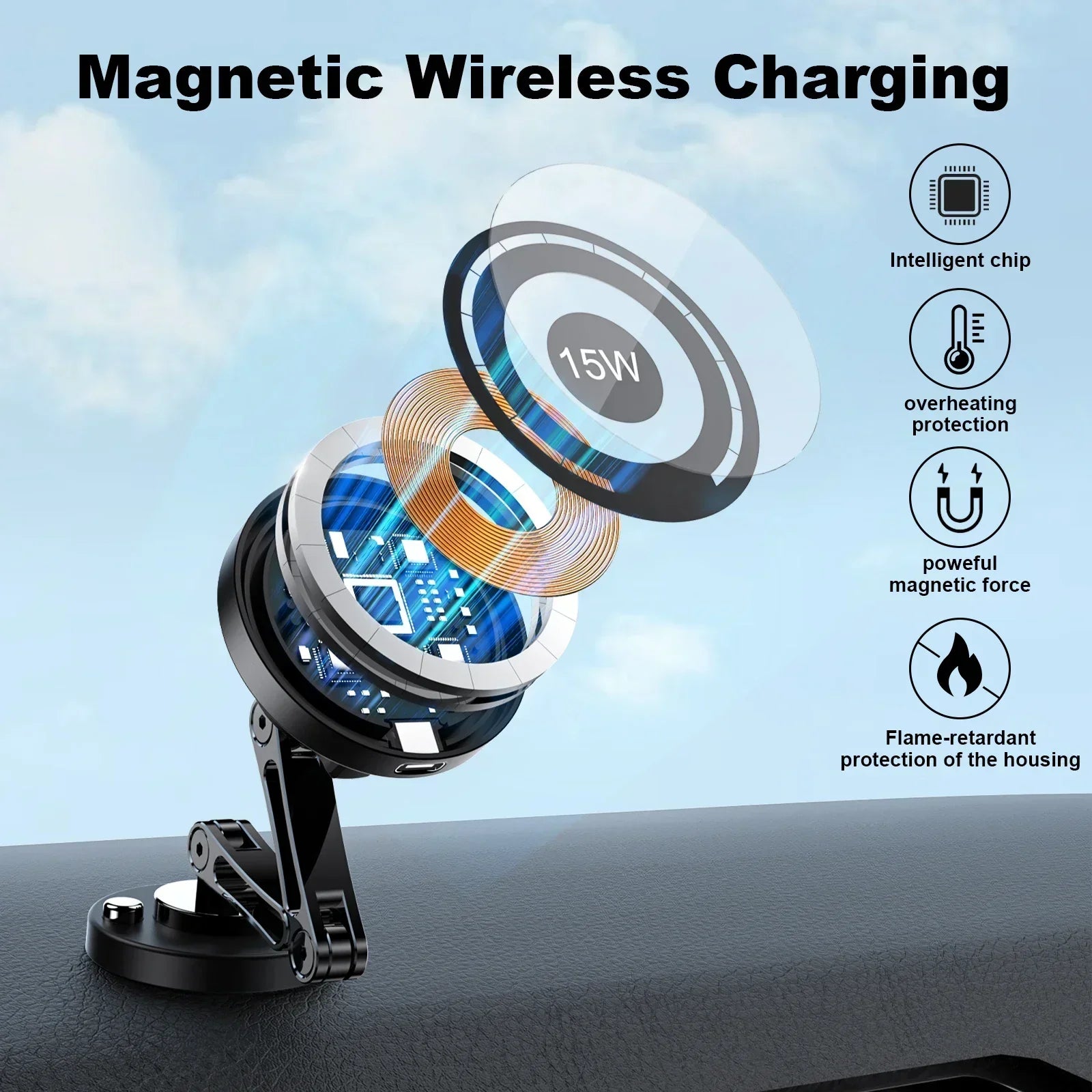 מעמד מגנטי לרכב עם טעינה אלחוטית 15W – סיבוב 360°