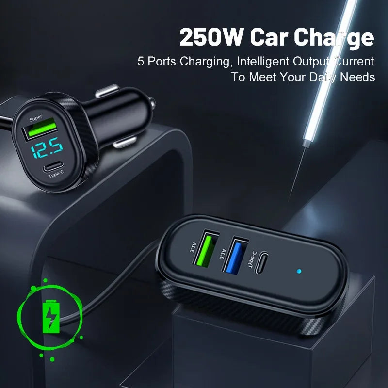 מטען USB לרכב 100W עם 5 יציאות (USB-C + USB-A)