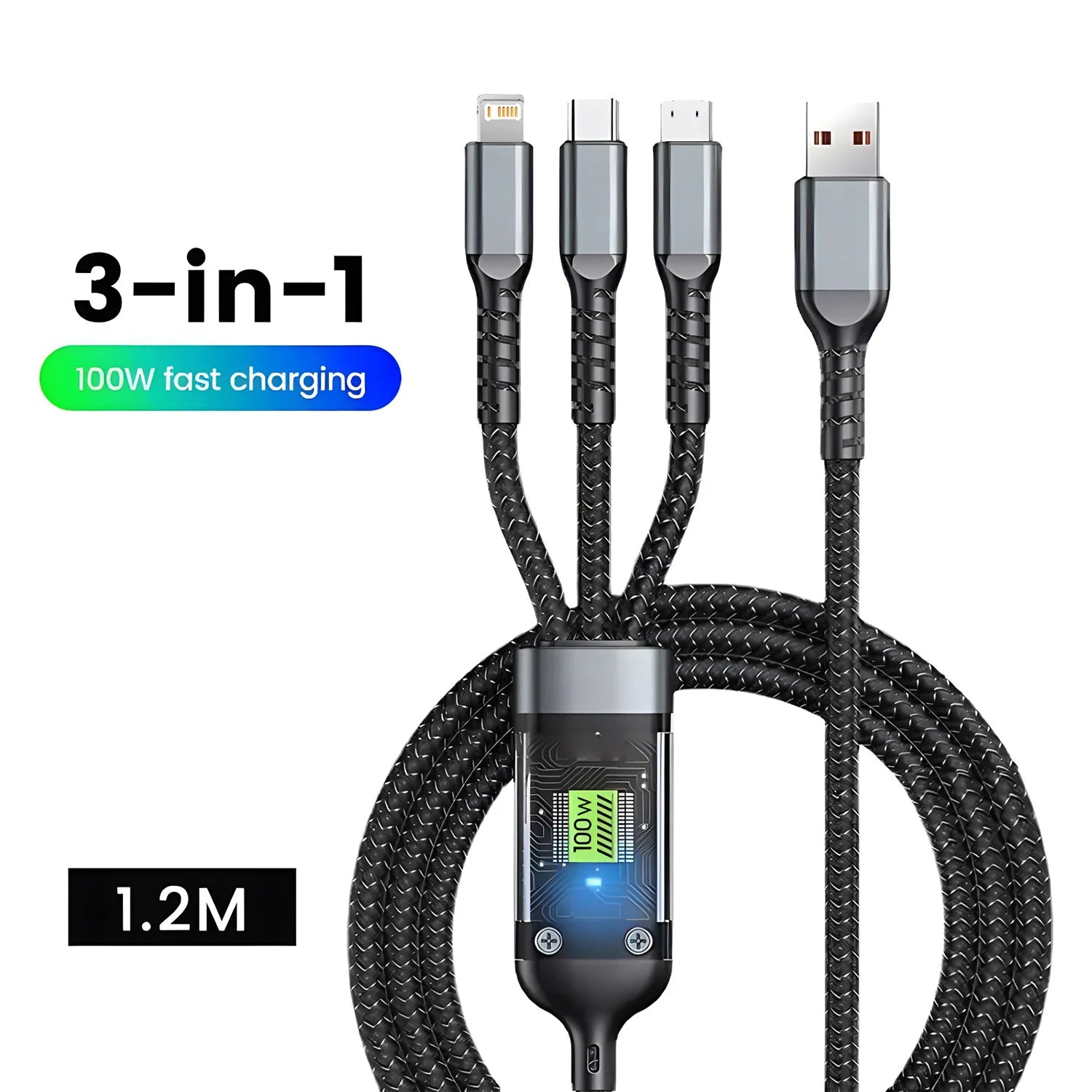 כבל טעינה מהירה 3 ב-1 USB ל-Type-C, Lightning ו-Micro USB – 100W