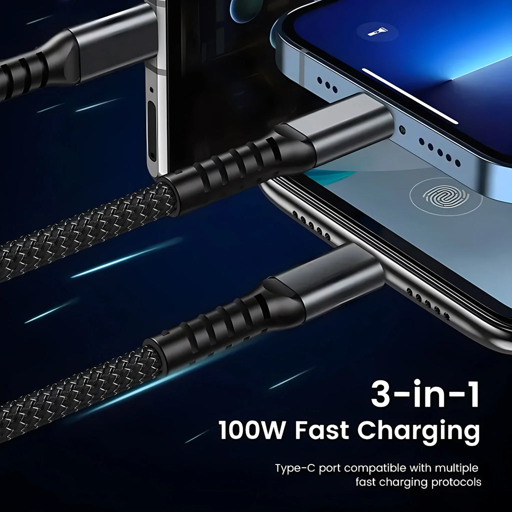 כבל טעינה מהירה 3 ב-1 USB ל-Type-C, Lightning ו-Micro USB – 100W