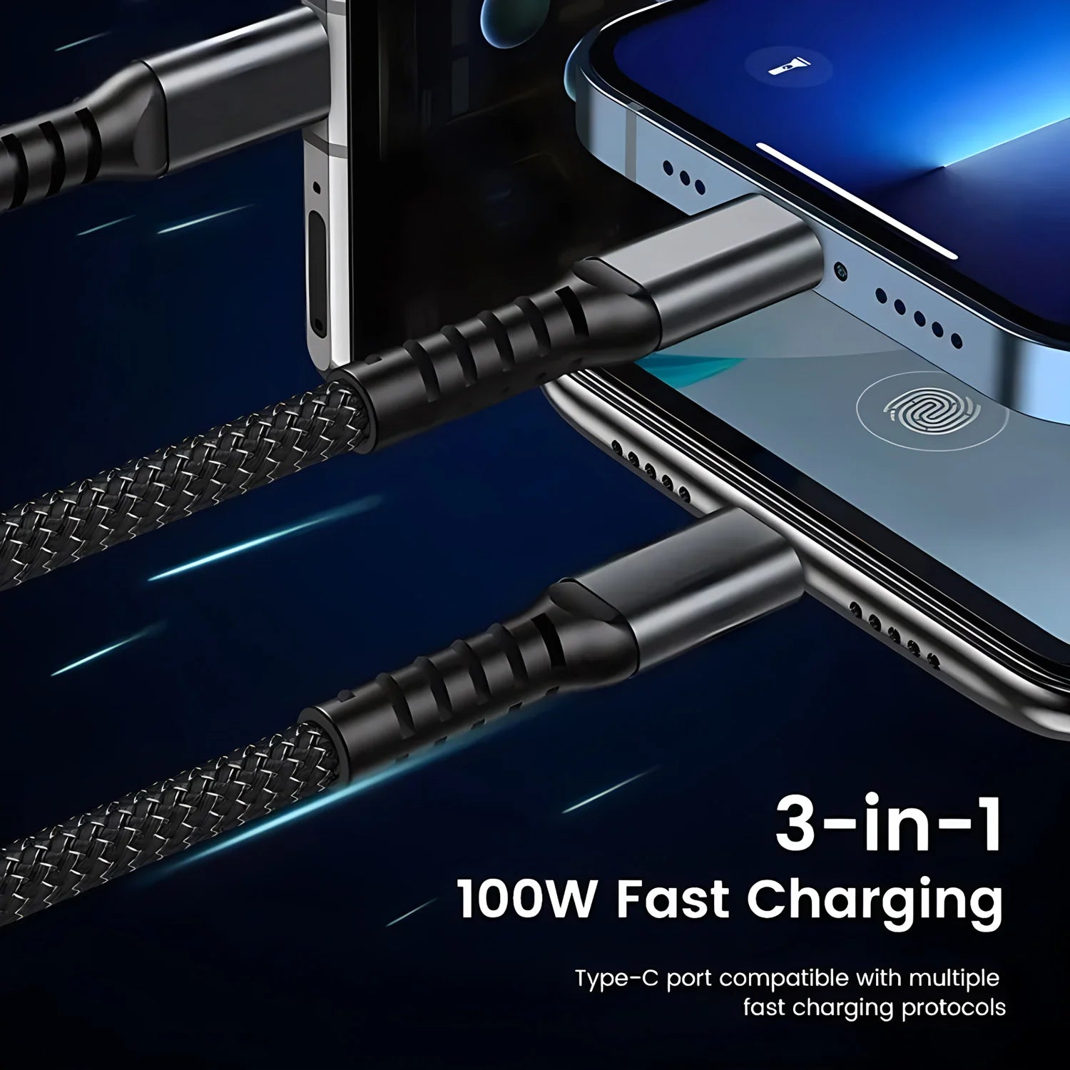 כבל טעינה מהירה 3 ב-1 USB ל-Type-C, Lightning ו-Micro USB – 100W