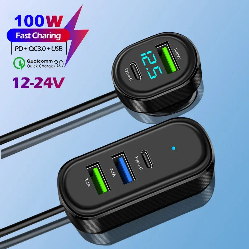 מטען USB לרכב 100W עם 5 יציאות (USB-C + USB-A)