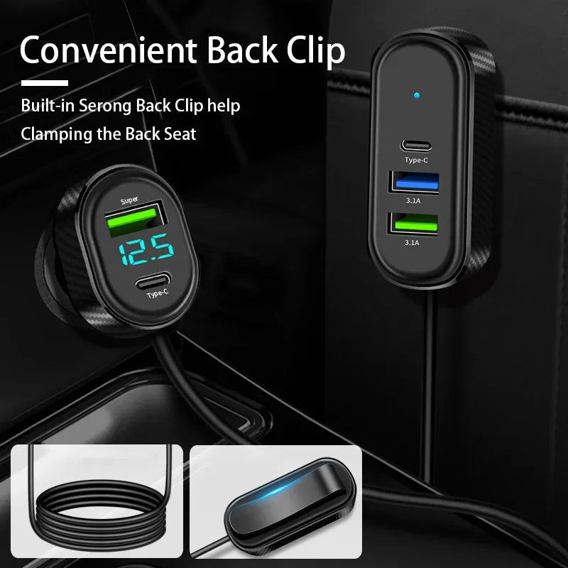 מטען USB לרכב 100W עם 5 יציאות (USB-C + USB-A)