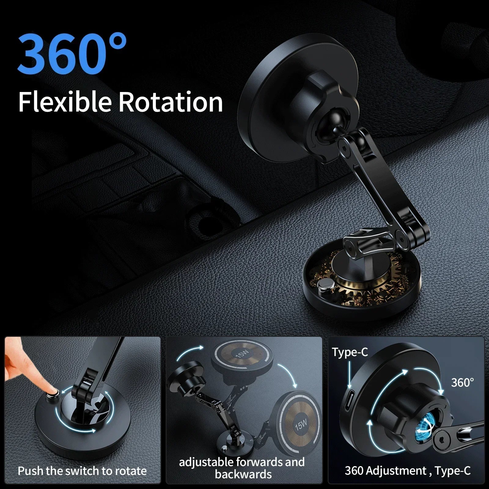 מעמד מגנטי לרכב עם טעינה אלחוטית 15W – סיבוב 360°