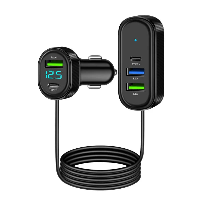 מטען USB לרכב 100W עם 5 יציאות (USB-C + USB-A)