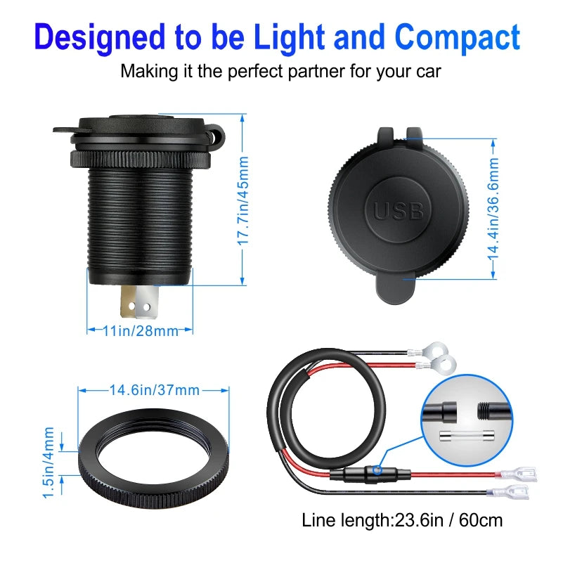 שקע טעינה USB לרכב 60W עם USB-C ו-QC 3.0